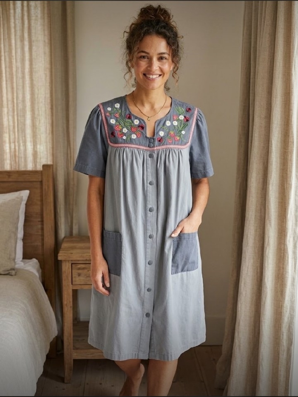 Go Softly Embroidered Button-Front Cotton House Dress MuMu Embroidered Ladybugs